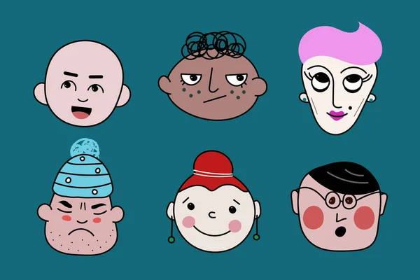 Conjunto Diferentes Personajes Vector Avatares Lindos Doodle Personajes Dibujos Animados — Vector de stock