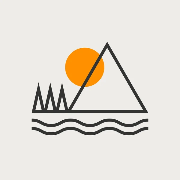 Camping Λογότυπο Βουνό Ποτάμι Και Ήλιο Τουρισμός Επίπεδη Απλή Ελάχιστη — Διανυσματικό Αρχείο