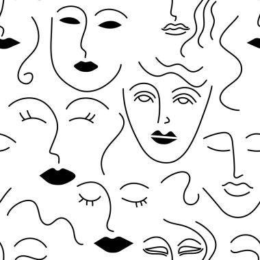 Kadın yüzleri, kusursuz çizim şekilleri. Kadın geçmişi, feminizmi, kadınlığı