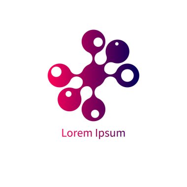 Molekül logosu, bilimsel geometrik izole edilmiş renk ikonu. Nöron sembolü, bilimsel ilerleme kavramı. Kimya, fizik, biyoloji logosu