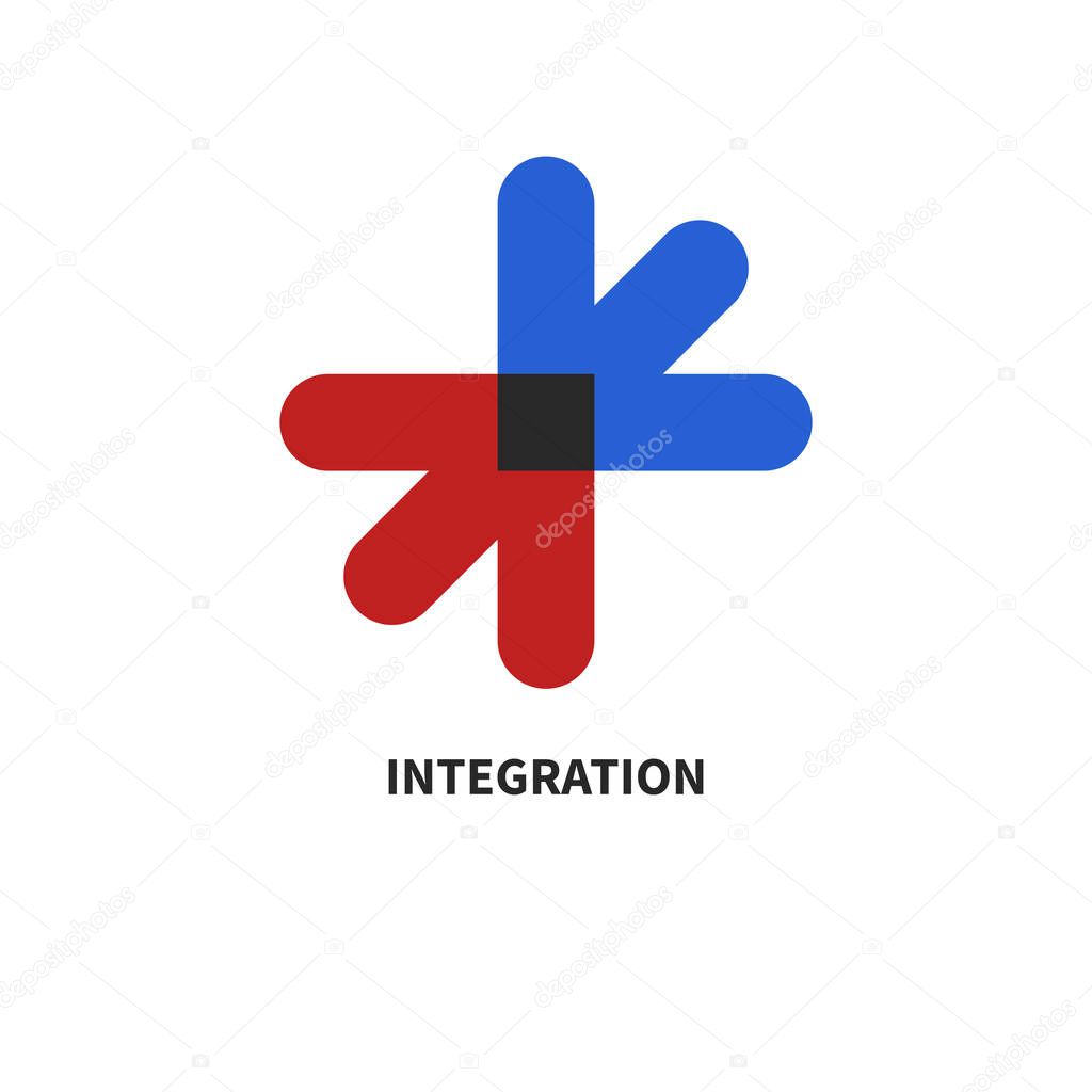 Two arrows logo, red and blue arrow, business icon. Opposition, cooperation, collaboration concept