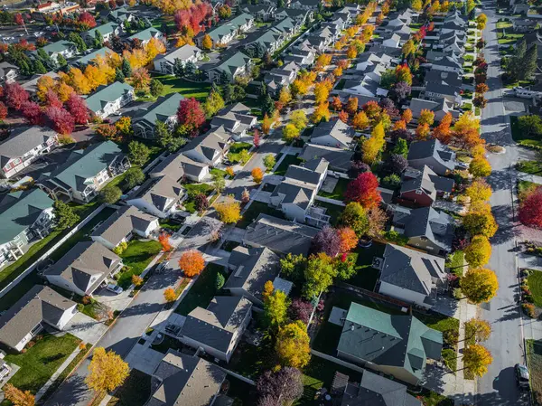 スポークスマンの近所の家空中ビュー秋のカラフルな美しい通り ストック写真