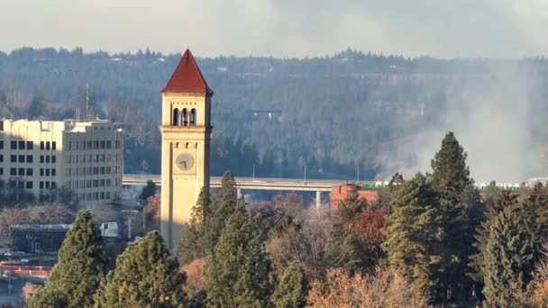 Ρολόι Πύργο Spokane Στο Κέντρο Της Ουάσιγκτον Drone Earial — Αρχείο Βίντεο