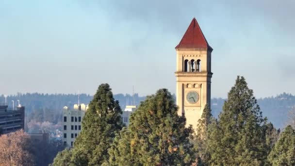 Spokane Toren Klok Centrum Washington Drone Earial — Stockvideo