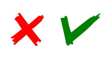Tik ve çapraz siyah işaretler. Gri işaret OK ve X simgeleri, beyaz arkaplanda izole. Basit işaretler grafik tasarımı. Çember sembolleri EVET ve Oy, Karar ve İnternet için HAYIR tuşu. Vektör illüstrasyonu.