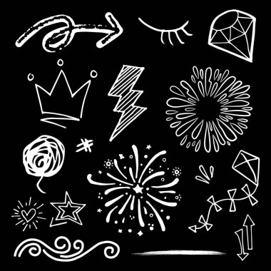 Doodle vektörü çizim çizgisi sanat tarzı vektörü ile illüstrasyon ayarladı. Taç, kral, ok, kalp, aşk, yıldız, girdap, baskın, vurgu, konsept tasarım için