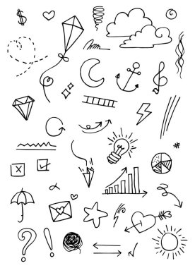 Doodle vektörü çizim çizgisi sanat tarzı vektörü ile illüstrasyon ayarladı. Crown, king, sun, ok, heart, love, star, swirl, swoops, vurgu, konsept tasarımı için