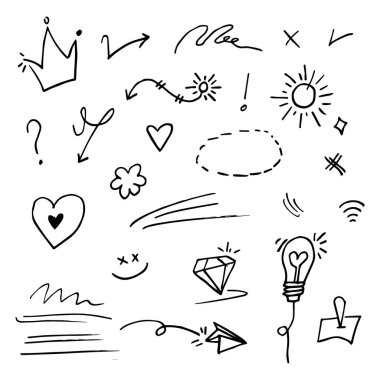 Doodle vektörü çizim çizgisi sanat tarzı vektörü ile illüstrasyon ayarladı. Crown, king, sun, ok, heart, love, star, swirl, swoops, vurgu, konsept tasarımı için