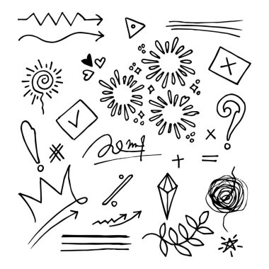 Doodle vektörü çizim çizgisi sanat tarzı vektörü ile illüstrasyon ayarladı. Crown, king, sun, ok, heart, love, star, swirl, swoops, vurgu, konsept tasarımı için
