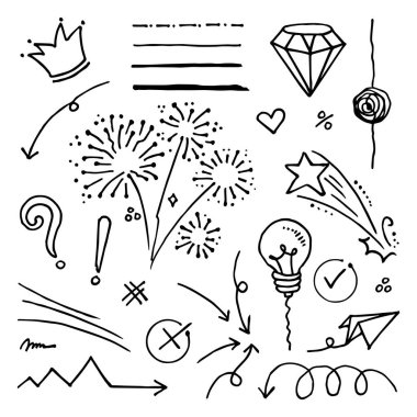 Doodle vektörü çizim çizgisi sanat tarzı vektörü ile illüstrasyon ayarladı. Crown, king, sun, ok, heart, love, star, swirl, swoops, vurgu, konsept tasarımı için