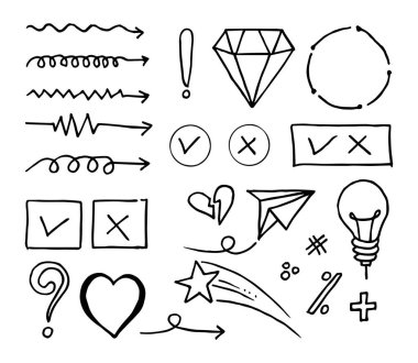 Doodle vektörü çizim çizgisi sanat tarzı vektörü ile illüstrasyon ayarladı. Crown, king, sun, ok, heart, love, star, swirl, swoops, vurgu, konsept tasarımı için