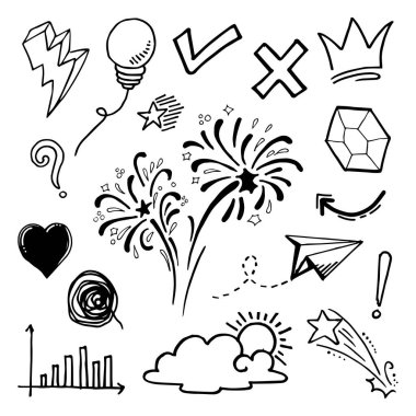 Doodle vektörü çizim çizgisi sanat tarzı vektörü ile illüstrasyon ayarladı. Crown, king, sun, ok, heart, love, star, swirl, swoops, vurgu, konsept tasarımı için