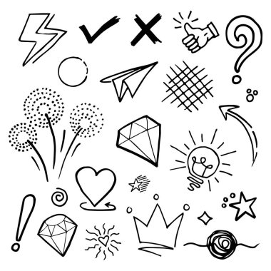 Doodle vektörü çizim çizgisi sanat tarzı vektörü ile illüstrasyon ayarladı. Crown, king, sun, ok, heart, love, star, swirl, swoops, vurgu, konsept tasarımı için