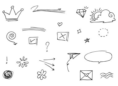 Doodle vektörü çizim çizgisi sanat tarzı vektörü ile illüstrasyon ayarladı. Crown, king, sun, ok, heart, love, star, swirl, swoops, vurgu, konsept tasarımı için