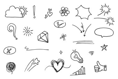 Doodle vektörü çizim çizgisi sanat tarzı vektörü ile illüstrasyon ayarladı. Crown, king, sun, ok, heart, love, star, swirl, swoops, vurgu, konsept tasarımı için