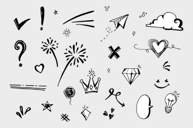 Doodle vektörü çizim çizgisi sanat tarzı vektörü ile illüstrasyon ayarladı. Crown, king, sun, ok, heart, love, star, swirl, swoops, vurgu, konsept tasarımı için