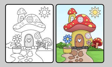 Mantar evi boyama kitabı ya da sayfa, çocuklar için eğitici