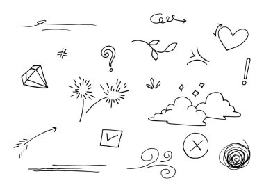 Doodle vektörü çizim çizgisi sanat tarzı vektörü ile illüstrasyon ayarladı. Crown, king, sun, ok, heart, love, star, swirl, swoops, vurgu, konsept tasarımı için