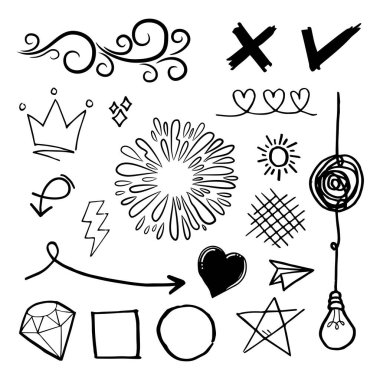 Doodle vektörü çizim çizgisi sanat tarzı vektörü ile illüstrasyon ayarladı. Crown, king, sun, ok, heart, love, star, swirl, swoops, vurgu, konsept tasarımı için