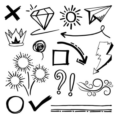 Doodle vektörü çizim çizgisi sanat tarzı vektörü ile illüstrasyon ayarladı. Crown, king, sun, ok, heart, love, star, swirl, swoops, vurgu, konsept tasarımı için