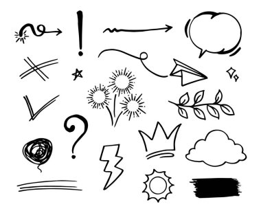 Doodle vektörü çizim çizgisi sanat tarzı vektörü ile illüstrasyon ayarladı. Crown, king, sun, ok, heart, love, star, swirl, swoops, vurgu, konsept tasarımı için