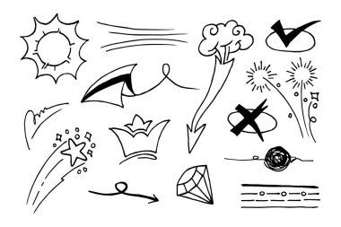 Doodle vektörü çizim çizgisi sanat tarzı vektörü ile illüstrasyon ayarladı. Crown, king, sun, ok, heart, love, star, swirl, swoops, vurgu, konsept tasarımı için