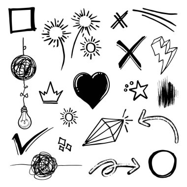 Doodle vektörü çizim çizgisi sanat tarzı vektörü ile illüstrasyon ayarladı. Crown, king, sun, ok, heart, love, star, swirl, swoops, vurgu, konsept tasarımı için