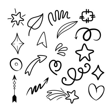Doodle vektörü çizim çizgisi sanat tarzı vektörü ile illüstrasyon ayarladı. Crown, king, sun, ok, heart, love, star, swirl, swoops, vurgu, konsept tasarımı için
