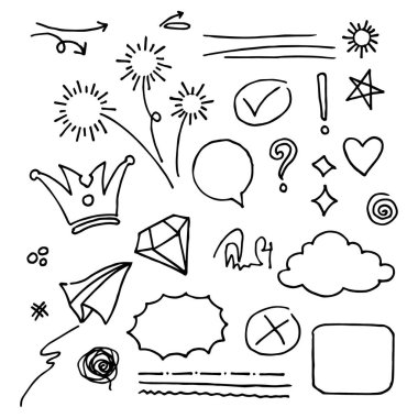 Doodle vektörü çizim çizgisi sanat tarzı vektörü ile illüstrasyon ayarladı. Crown, king, sun, ok, heart, love, star, swirl, swoops, vurgu, konsept tasarımı için