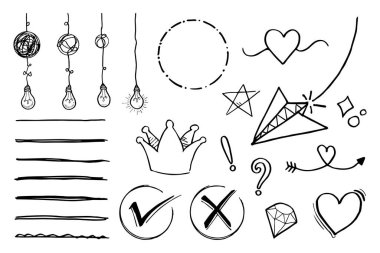 Doodle vektörü çizim çizgisi sanat tarzı vektörü ile illüstrasyon ayarladı. Crown, king, sun, ok, heart, love, star, swirl, swoops, vurgu, konsept tasarımı için