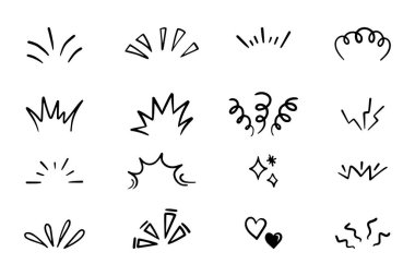 Collection of hand drawn lines showing lines, sunshine, surprise, etc.