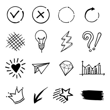 Vector set of Doodle elements, love, lightning, arrow, swirl, star and others, for concept design.