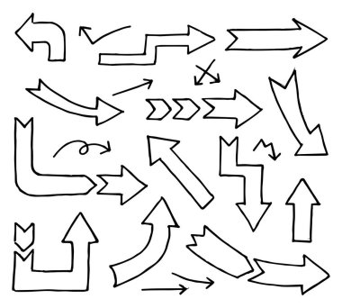 El çizimi ok simgesi siyah arkaplanda izole edildi. Doodle vektör illüstrasyonu.