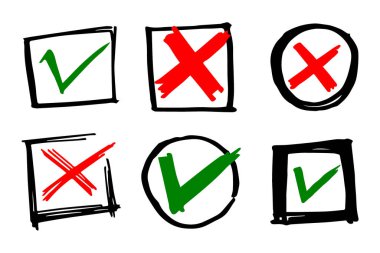 Tik ve çapraz siyah işaretler. Gri işaret OK ve X simgeleri, beyaz arkaplanda izole. Basit işaretler grafik tasarımı. Çember sembolleri EVET ve Oy, Karar ve İnternet için HAYIR tuşu. Vektör illüstrasyonu.