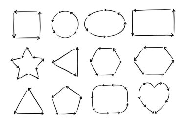 Kareler, daireler, elipsler, aşk, yıldızlar ve diğerleri şeklinde ok bileşenleri içeren çerçeve