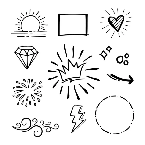 Vector Set Doodle Elements Love Sun Arrow Wind Crown Others — Stockvector