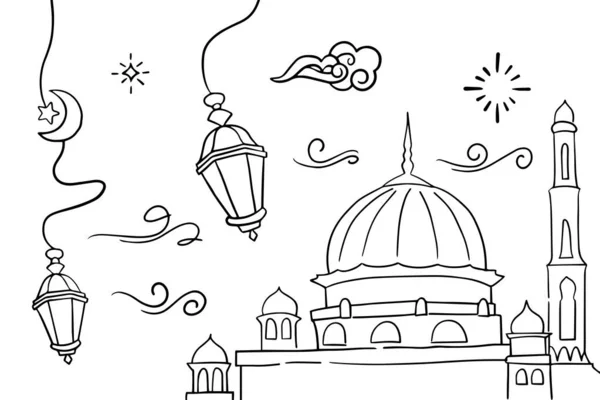 Doodles Line Art Ramadan Kareem Greeting Card Concept Vektorillustration — Stockvektor
