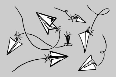 Kağıt uçak ikonu seti. El çizimi kağıt uçak. Vektör İllüstrasyonu.