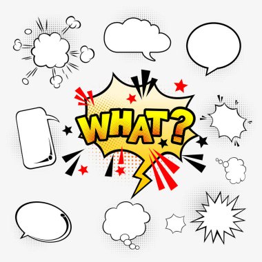 Boş çizgi roman baloncukları ve elementler şeffaf arkaplanda siyah yarım ton gölgelerle ayarlandı.