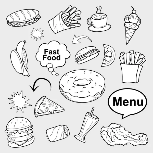 Fast Food Doodle Set Vektorsymbole Und Objekte — Stockvektor