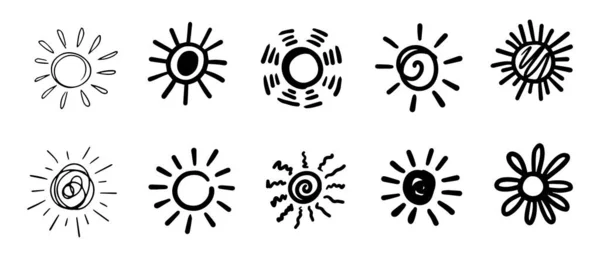 Σετ Από Doodle Sun Design Στοιχεία Εικονογράφηση Διανύσματος — Διανυσματικό Αρχείο
