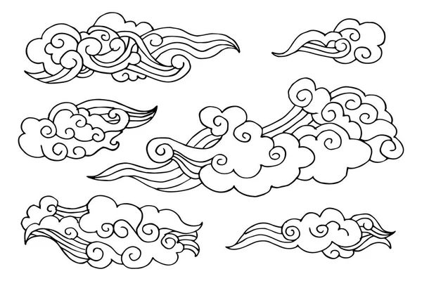 Sammlung Schwarzer Wolken Chinesischen Stil Vektorillustration — Stockvektor