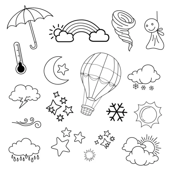 Stock vector weather doodle vector set illustration with hand draw line art style vector, star, sun