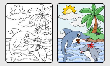 dolphin and beach education coloring book for children and elementary school, vector illustration. clipart