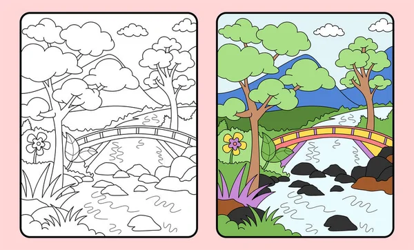 Färben Lernen Für Kinder Und Grundschüler Berge Und Flüsse Brücken — Stockvektor