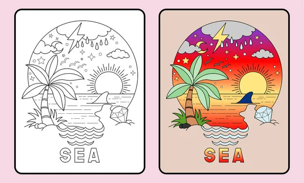 Färben Lernen Für Kinder Und Grundschüler Sonnenuntergang Über Dem Meer — Stockvektor