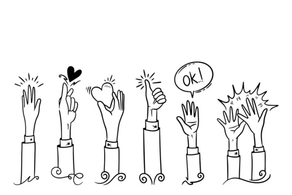 Doodle Hände Hoch Hände Klatschen Beifallsgesten Glückwunschgeschäft Vektorillustration — Stockvektor