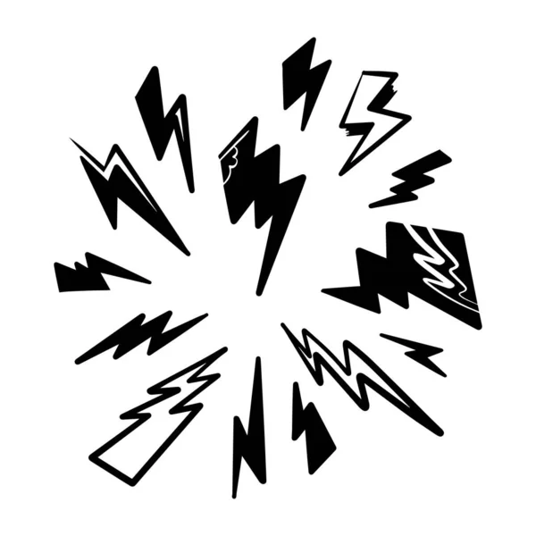 Uppsättning Handritade Vektor Klotter Elektrisk Blixt Symbol Skiss Illustrationer Åska — Stock vektor