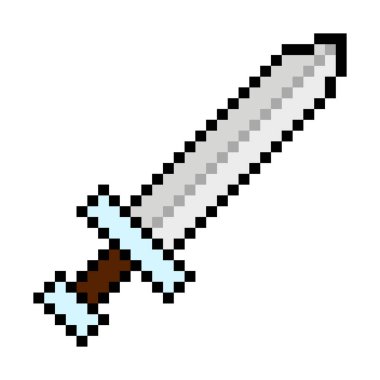 Kılıç simgesi, beyaz arkaplanda izole edilmiş birçok piksel, renk kartı ve piksel silahından oluşur.