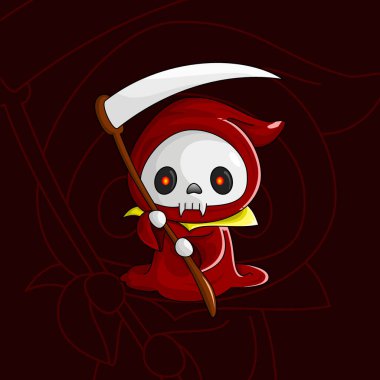 Tatlı karikatür ölüm meleği. Kawaii Cadılar Bayramı iskelet karakter ikonu. Vektör illüstrasyonu.